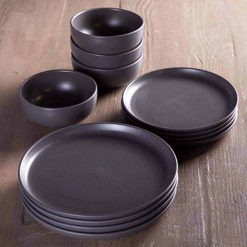 Pacifica Dinnerware Set with Soup/Cereal Bowls, Set of 12 - Seed Gray